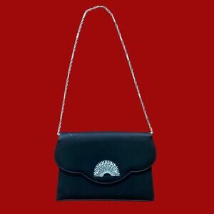Vintage Black Satin Evening Bag with Silver Fan Decal and Chain Shoulder Strap
